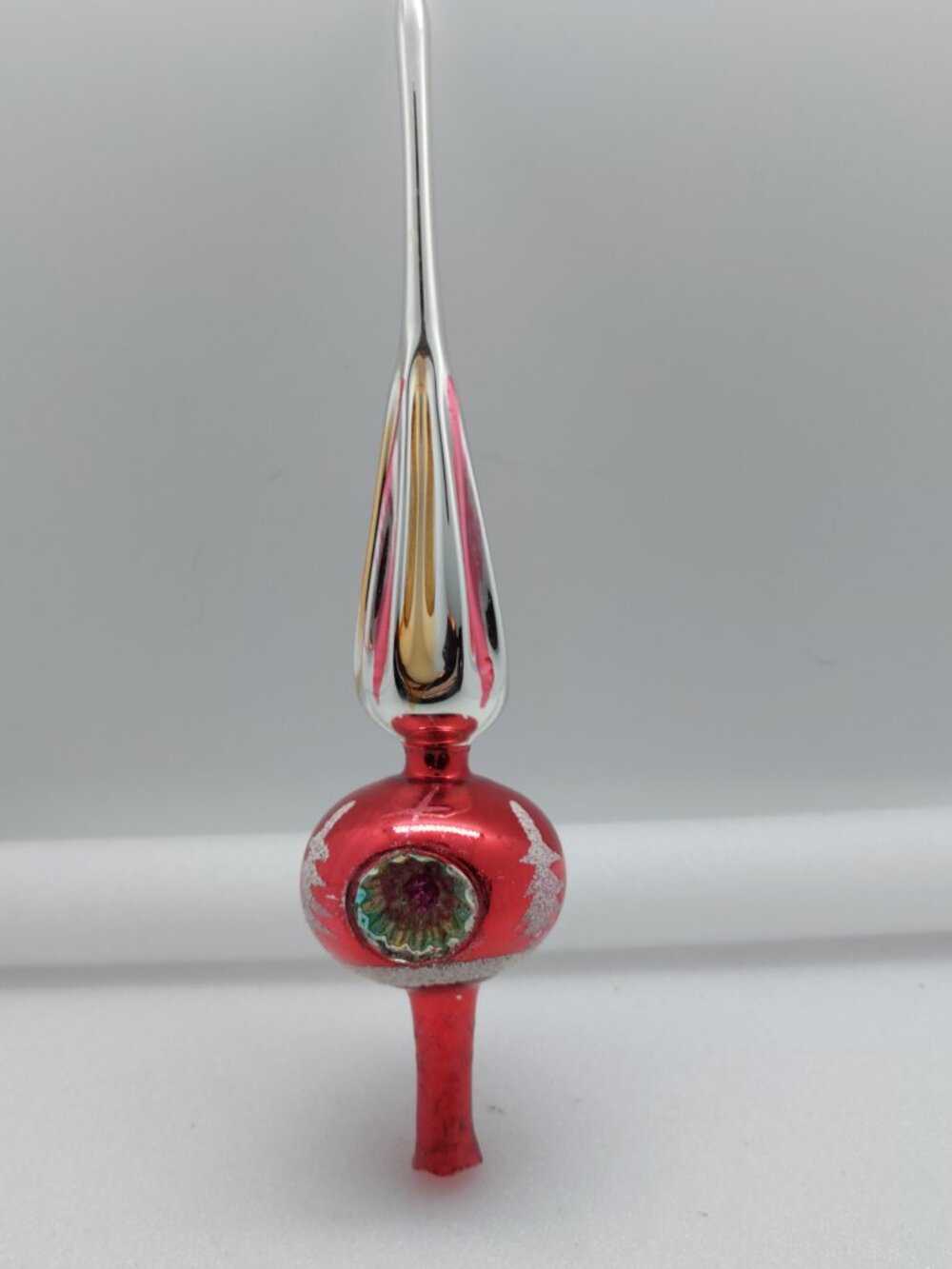 Vintage Hand Blown Mercury Glass Christmas 11" Tree Topper Indent Mica